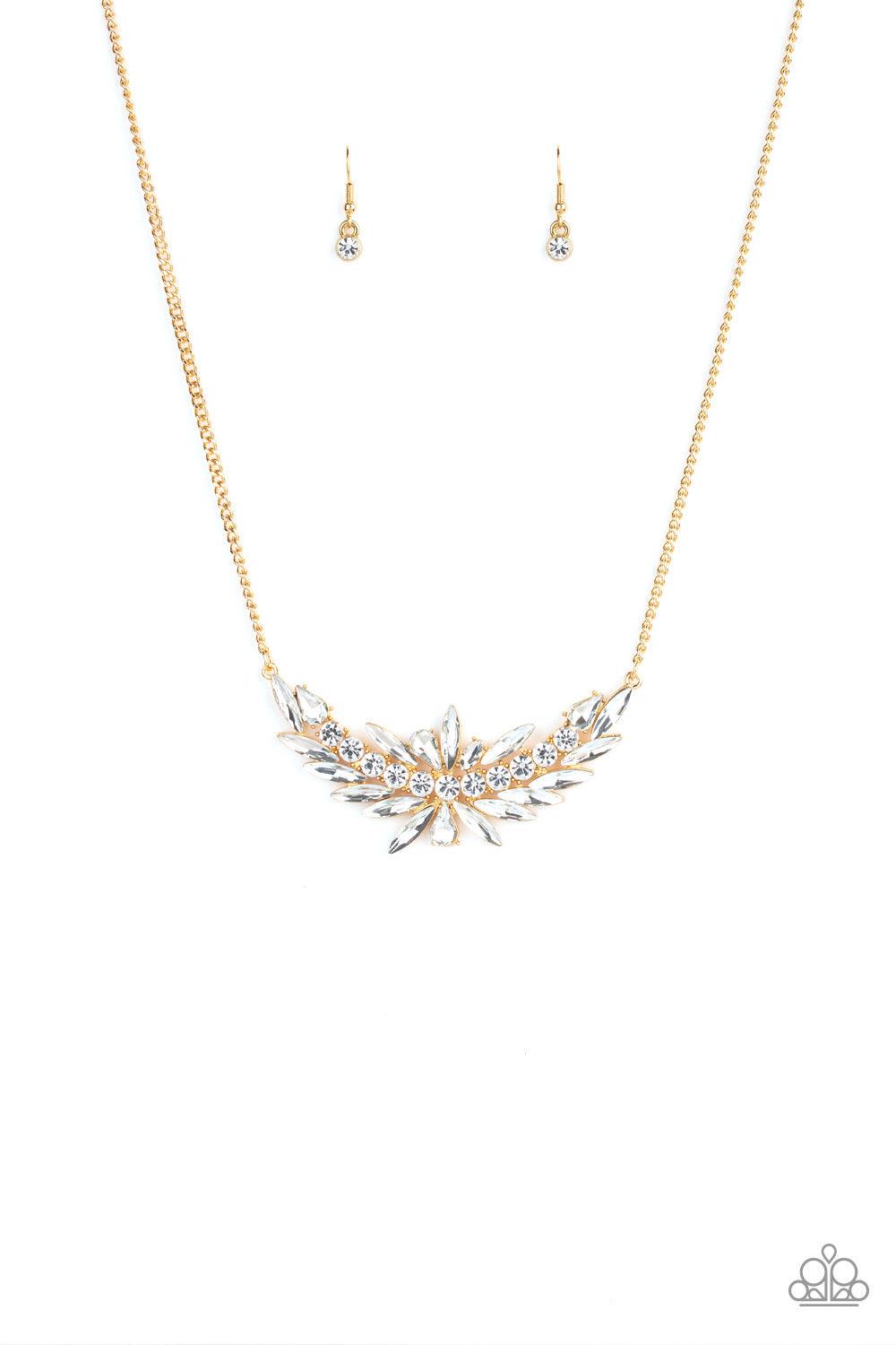 Paparazzi Accessories HEIRS and Graces - Gold Featuring round, marquise, and teardrop style cuts, a glassy collection of glittery white rhinestones coalesce into a blinding gold pendant below the collar. Features an adjustable clasp closure. Jewelry