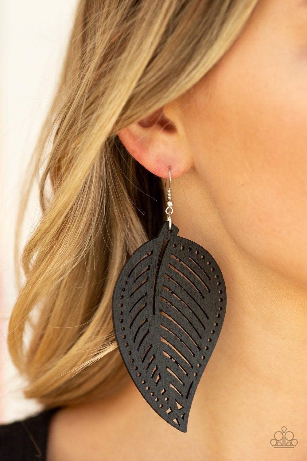 Paparazzi Accessories Amazon Zen - Black Featuring stenciled detail, a black wooden leaf swings from the ear for a seasonal flair. Earring attaches to a standard fishhook fitting. Jewelry