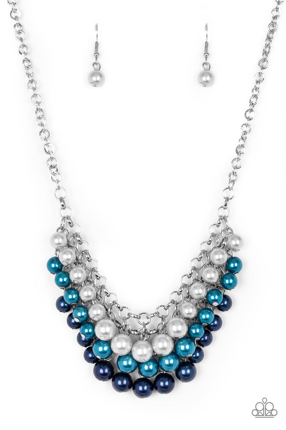 Paparazzi Accessories Run For The HEELS! - Blue Rows of white, light blue, and dark blue pearls cascade below the collar, creating a glamorous fringe. Features an adjustable clasp closure. Sold as one individual necklace. Includes one pair of matching ear