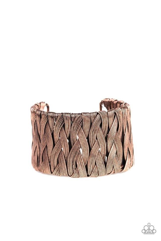 Paparazzi Accessories Take It Or WEAVE It - Copper Brushed in an antiqued shimmer, flat wire-like bars weave across the wrist, coalescing into an edgy cuff. Jewelry