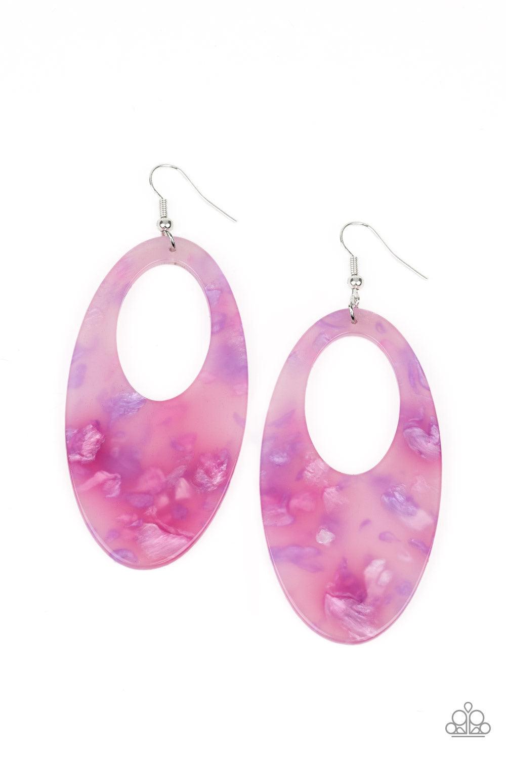 Paparazzi Accessories Rainbow Springs - Multi Featuring splashes of pink and purple, an iridescently flecked acrylic frame swings from the ear for a whimsical look. Earring attaches to a standard fishhook fitting. Color may vary. Jewelry