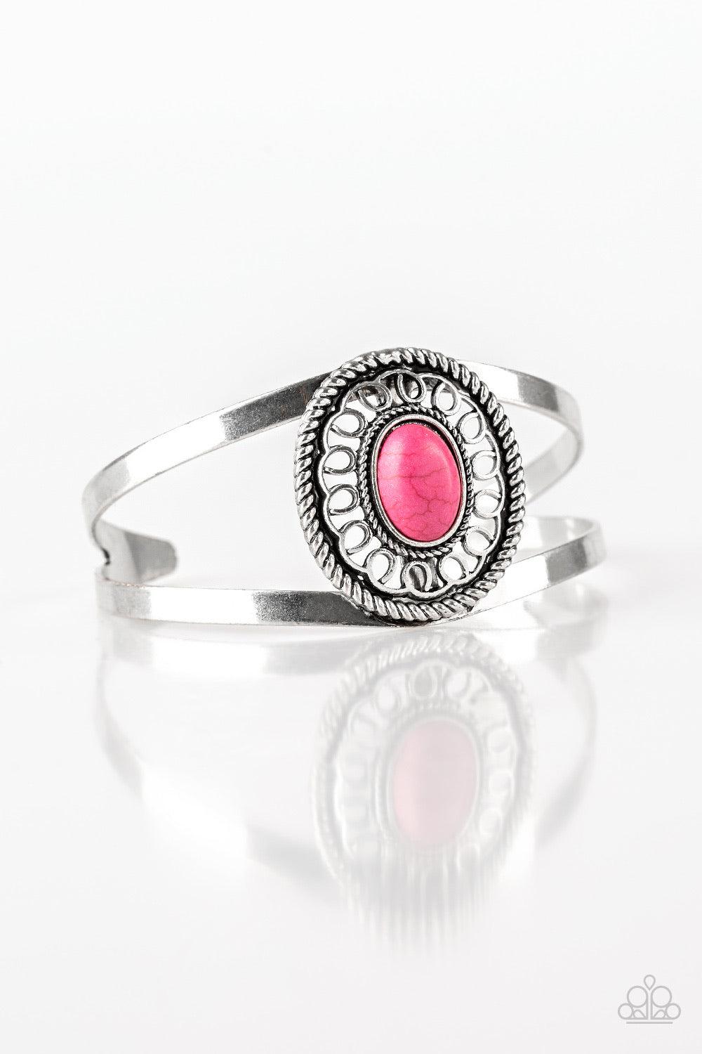 Paparazzi Accessories Deep In The TUMBLEWEEDS - Pink Featuring a vivacious pink stone center, an ornate silver frame sits atop an airy silver cuff for a seasonal look. Sold as one individual bracelet. Jewelry