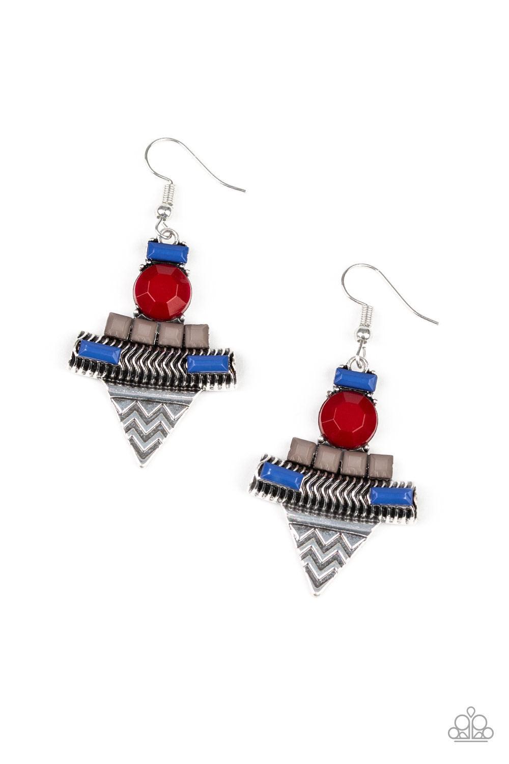 Paparazzi Accessories Tribal Terrain ~Multi Featuring an array of blue, gray, and wine beading, a geometric silver frame swings from the ear for a colorful tribal look. Earring attaches to a standard fishhook fitting. Sold as one pair of earrings.