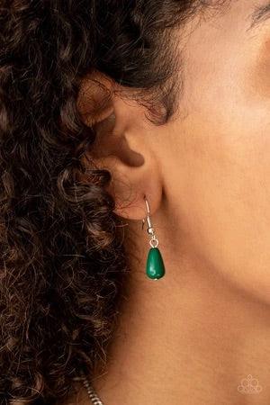 Paparazzi Accessories Bohemian Banquet - Green Featuring round, teardrop, and oval shapes, a shiny collection of dainty Ultramarine Green beads delicately link into bubbly silver frames, creating a whimsical pop of color below the collar. Features an adju