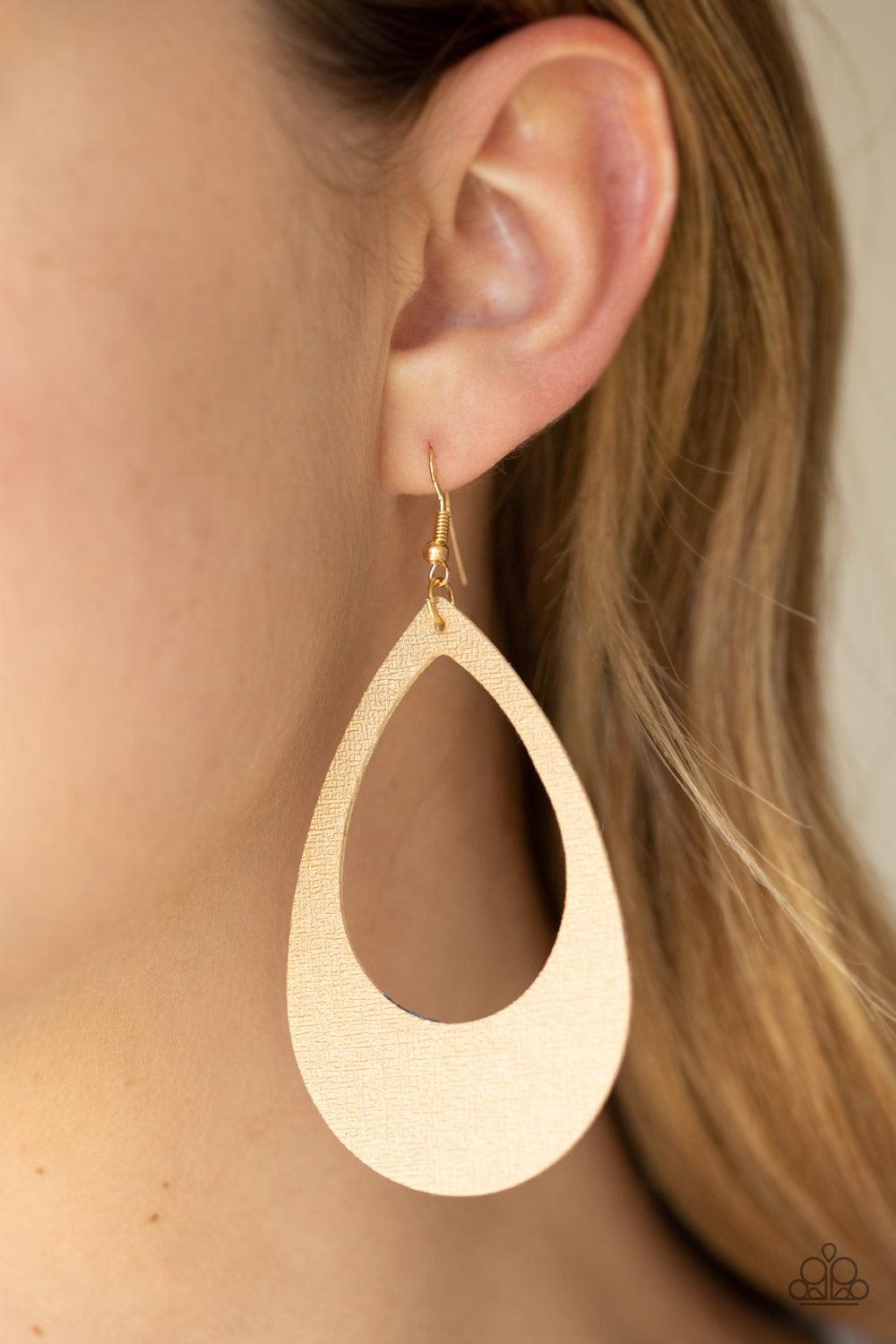 Paparazzi Accessories What A Natural - Gold Brushed in a golden finish, a textured leather teardrop frame swings from the ear for a trendy look. Earring attaches to a standard fishhook fitting. Jewelry
