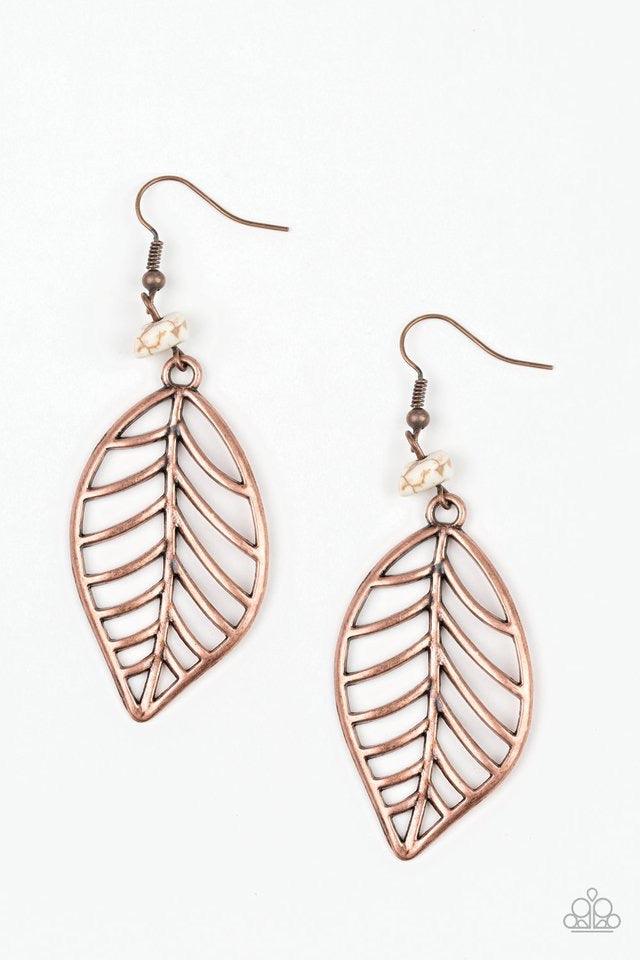 Paparazzi Accessories BOUGH Out - Copper An airy copper leaf swings from the bottom of a refreshing white pebble, creating a seasonal lure. Earring attaches to a standard fishhook fitting. Jewelry