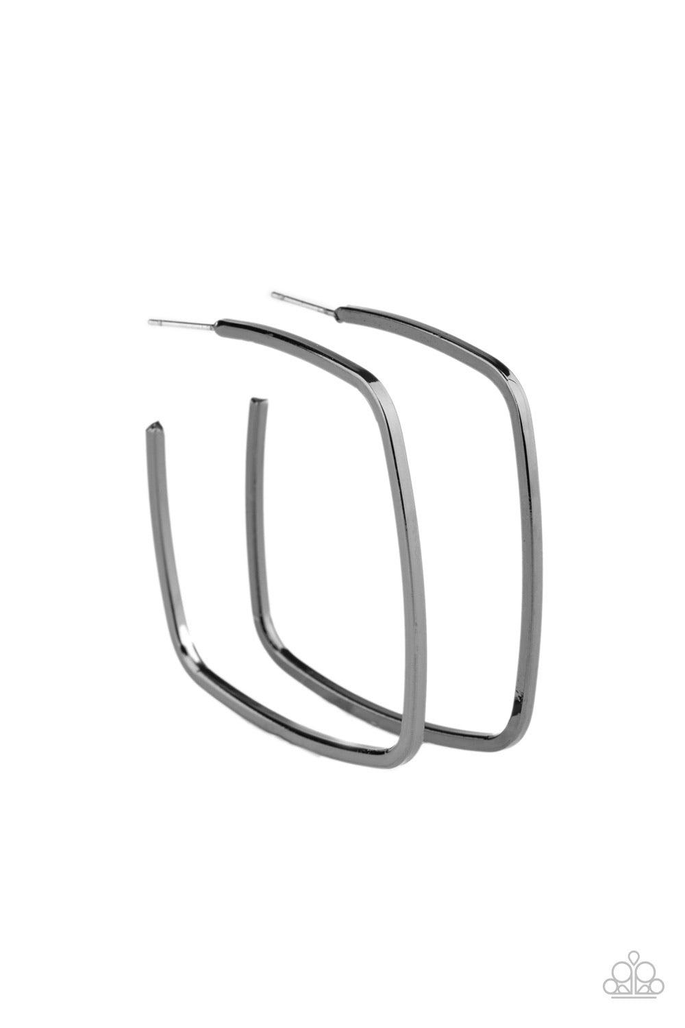 Paparazzi Accessories Brazen Beauty - Black A glistening gunmetal bar delicately bends into an edgy square-like hoop for a trendy look. Earring attaches to a standard post fitting. Hoop measures approximately 2 1/4" in diameter. Sold as one pair of hoop e