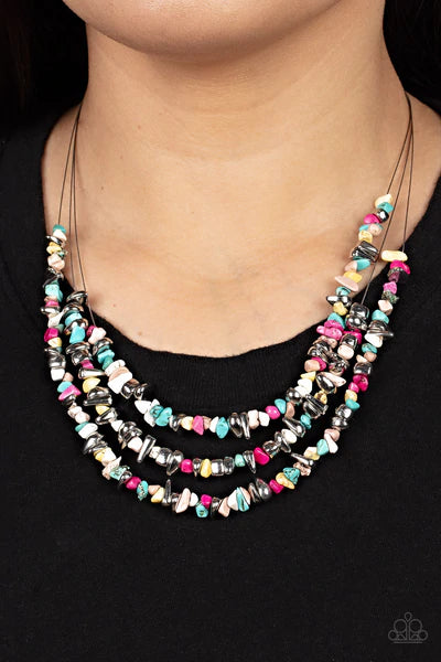 Paparazzi Accessories Placid Pebbles - Multi An earthy collection of raw cut silver and multicolored pebbles are threaded along dainty wires below the collar, creating refreshing layers. Features an adjustable clasp closure. Sold as one individual necklac