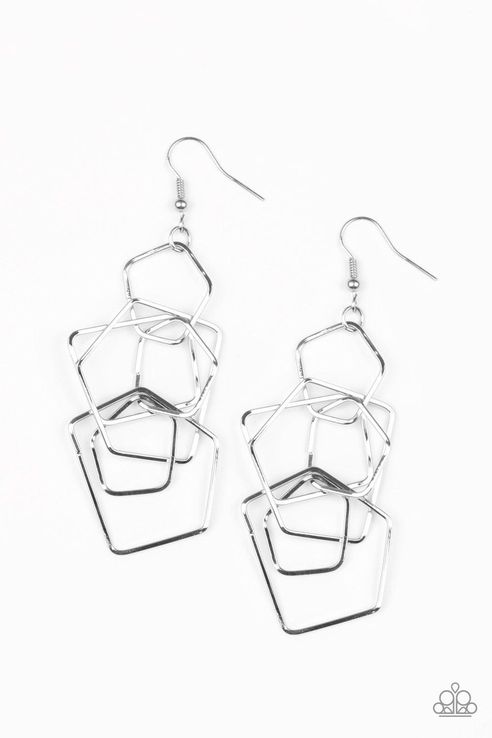 Paparazzi Accessories Five-Sided Fabulous - Silver Glistening silver bars bend into airy pentagon shaped frames as they trickle from the ear, creating an edgy clustered fringe. Earring attaches to a standard fishhook fitting. Sold as one pair of earrings.