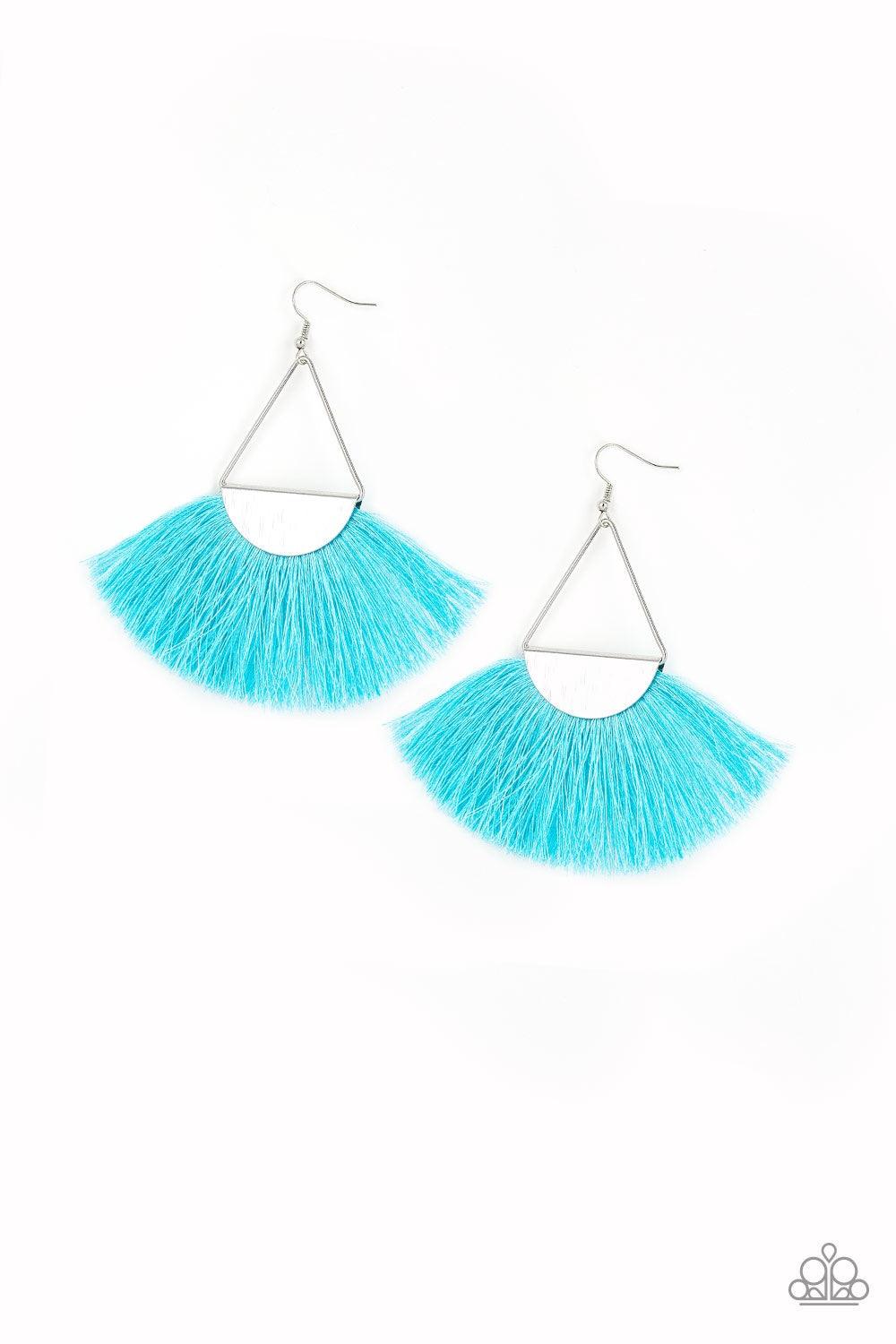Paparazzi Accessories Modern Mayan - Blue Pinched between a glistening silver fitting, shiny blue thread flares from the bottom of a triangular frame for a seasonal look. Earring attaches to a standard fishhook fitting. Jewelry
