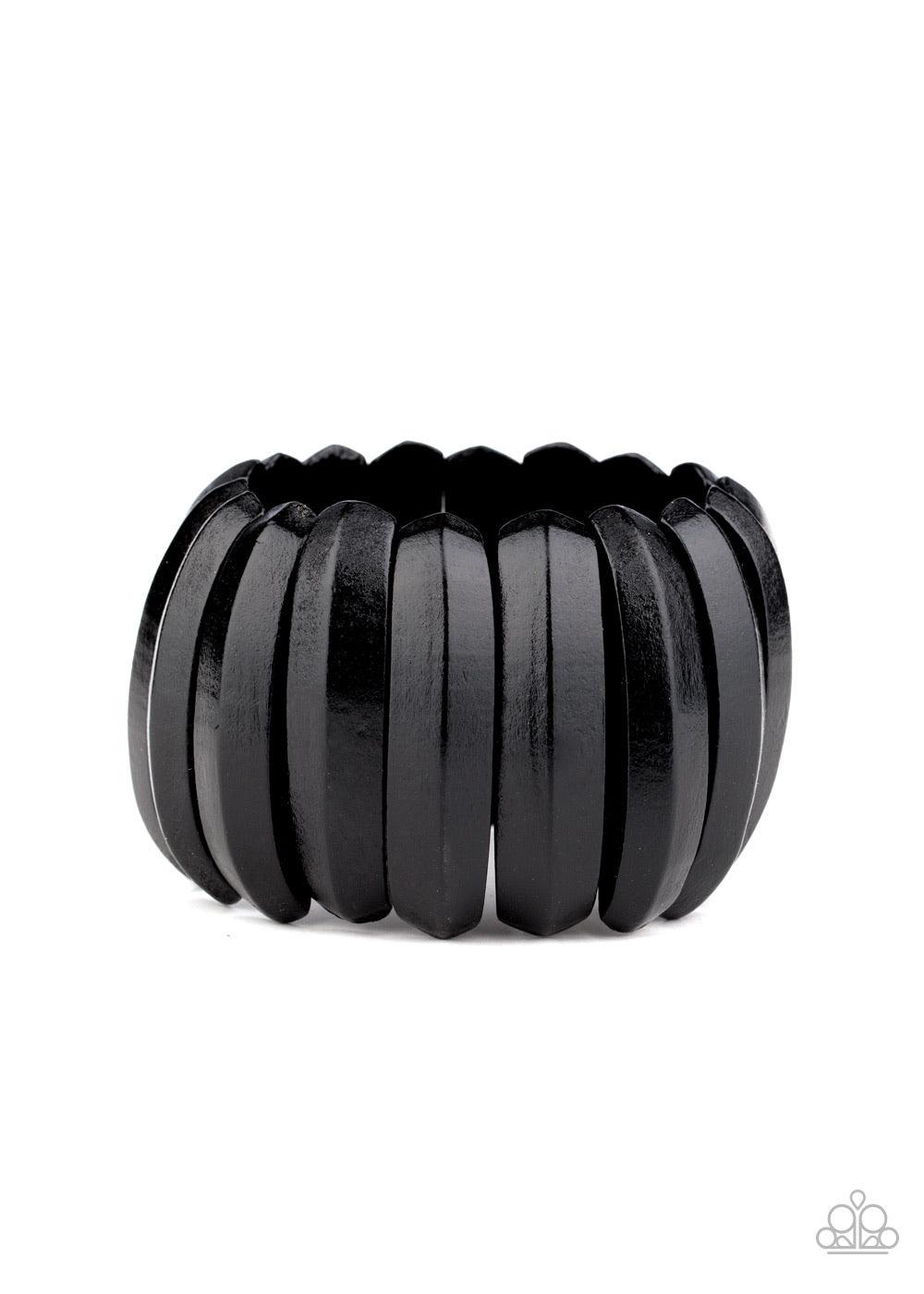 Paparazzi Accessories Colorfully Congo - Black Painted in a shiny black finish, beveled wooden frames are threaded along stretchy bands around the wrist for a summery look. Sold as one individual bracelet. Jewelry