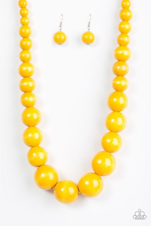 Paparazzi Accessories Effortlessly Everglades - Yellow Gradually increasing in size near the center, sunny yellow wooden beads are threaded along a yellow string for a summery look. Features an adjustable sliding knot closure. Jewelry