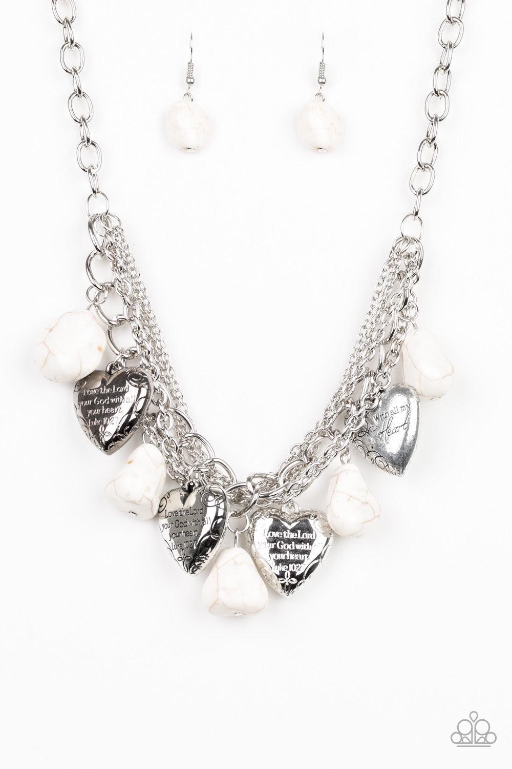 Paparazzi Accessories Change of Heart - White White faux rocks alternate with heart charms along a chunky silver chain. Hearts are inscribed with the phrase "With All My Heart" on one side and a short bible verse on the other that reads, "Love the Lord th