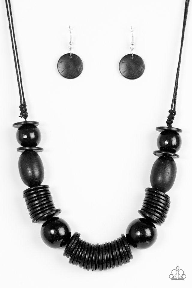 Paparazzi Accessories You Better BELIZE It - Black Shiny black wooden beads and discs are threaded along black cording for a summery look. Features an adjustable sliding knot closure. Necklaces
