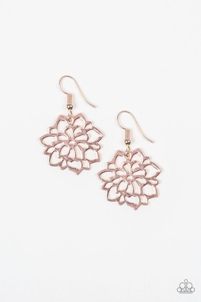 Paparazzi Accessories Darling Dahlia - Rose Gold Brushed in a high-sheen finish, shimmery rose gold filigree bursts into an airy blossom for a seasonal look. Earring attaches to a standard fishhook fitting. Jewelry