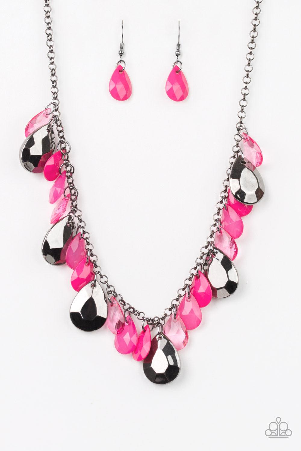 Paparazzi Accessories Hurricane Season - Pink Glassy and polished pink teardrops drip from the bottom of a shimmery gunmetal chain. Faceted gunmetal teardrops trickle between the colorful beading, adding a flashy finish to the flirtatious fringe. Features