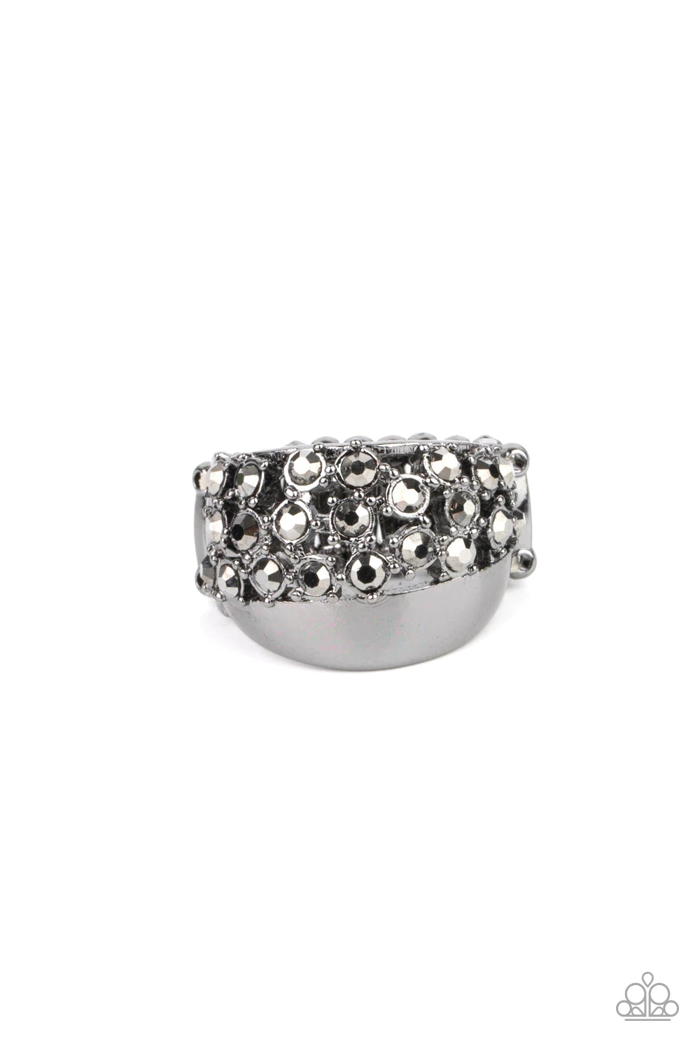 Paparazzi Accessories Prismatically Motley - Black A motley collection of sparkling hematite rhinestones floats above a smooth gunmetal band for a prismatic effect atop the finger. Features a stretchy band for a flexible fit. Sold as one individual ring.