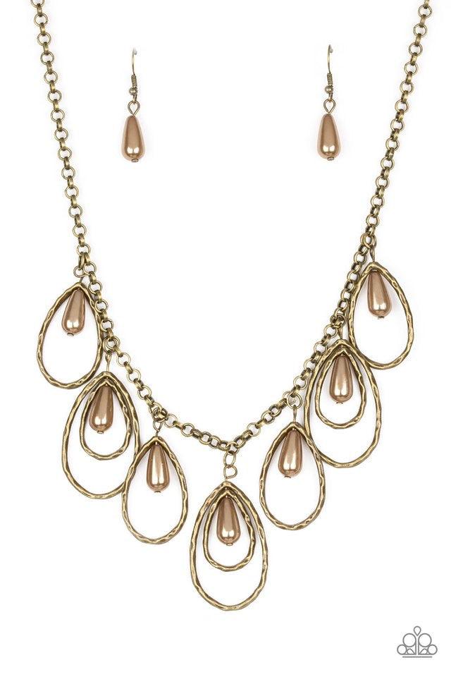 Paparazzi Accessories Rustic Ritz - Brass Pearly brass teardrop beads swing from the tops of delicately hammered brass teardrop frames, creating a refined fringe below the collar. Features an adjustable clasp closure. Jewelry