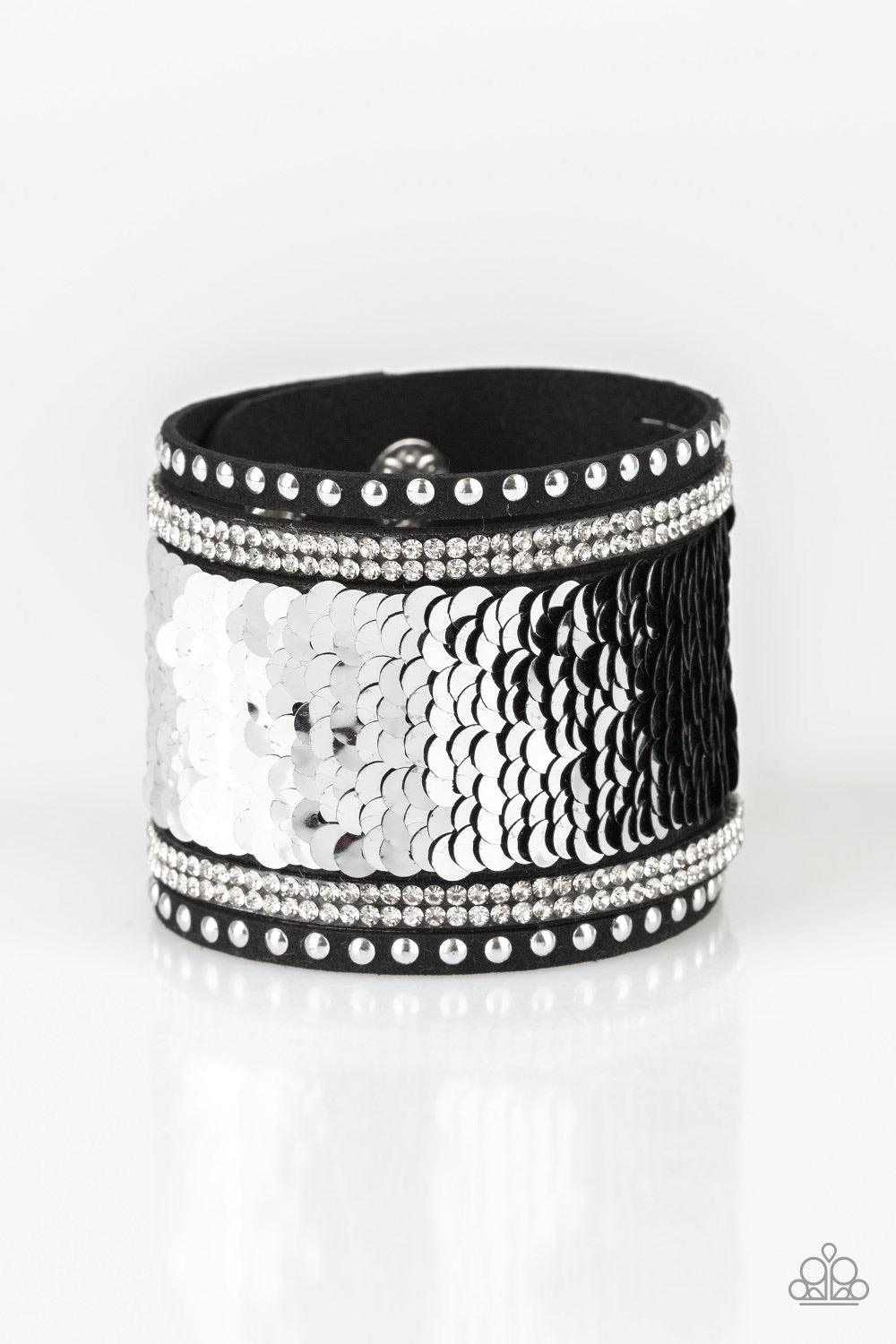 Paparazzi Accessories Mermaids Have More Fun - Black Shiny silver studs, glassy white rhinestones, and shimmering sequins are sprinkled across a thick black suede band that has been spliced into five glittery rows. Bracelet features reversible sequins tha