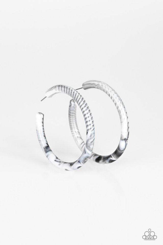 Paparazzi Accessories Miami Minimalist - White Brushed in a smoky faux marble finish, a shiny white hoop curls around the ear for a retro look. Earring attaches to a standard post fitting. Hoop measures 2 1/2" in diameter. Sold as one pair of hoop earring