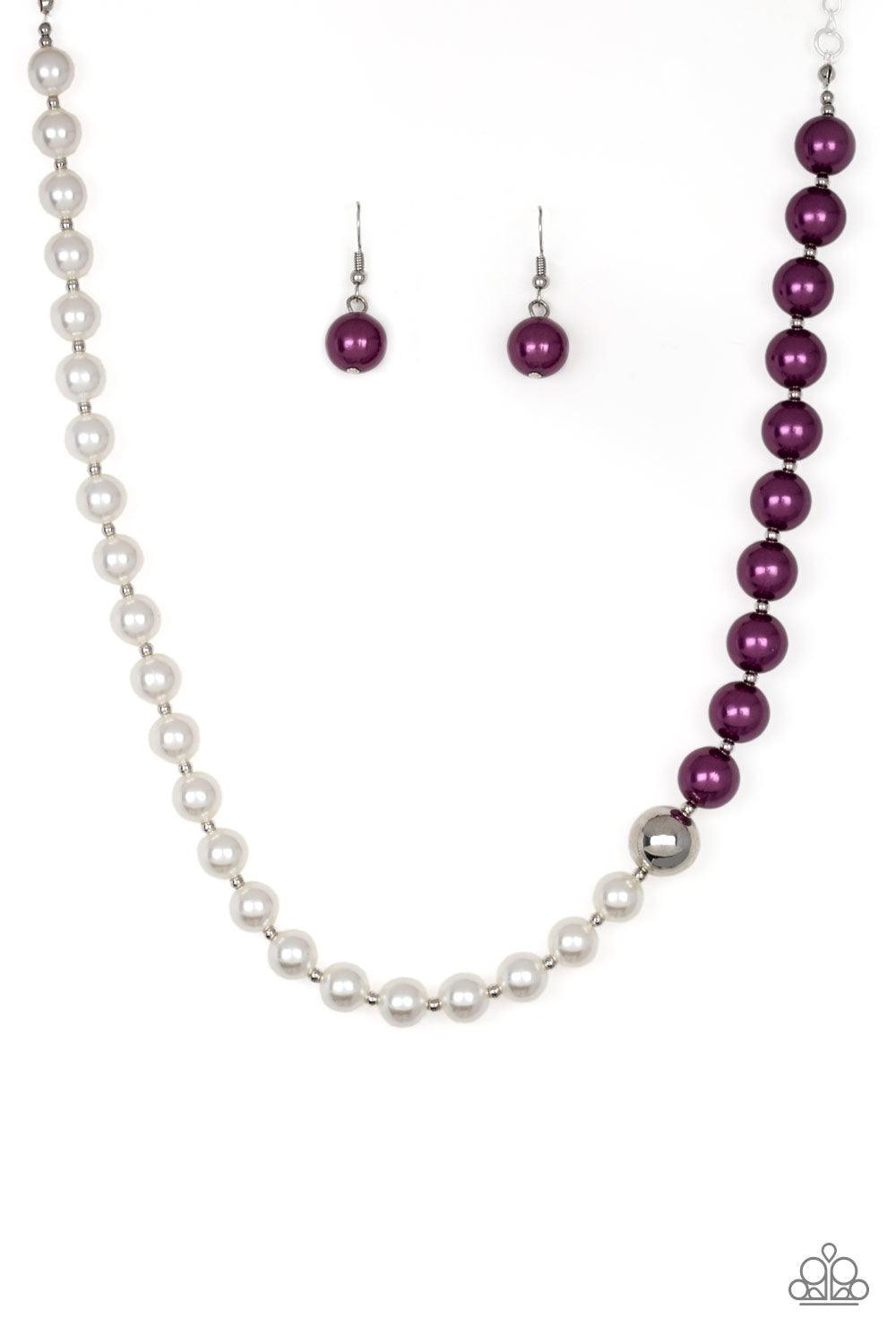 Paparazzi Accessories 5th Avenue A-Lister - Purple Separated by dainty silver beads, classic white pearls merge into purple pearls for a contemporary look. Infused with a shiny silver bead, the timeless pearls collect below the collar for a refined asymme