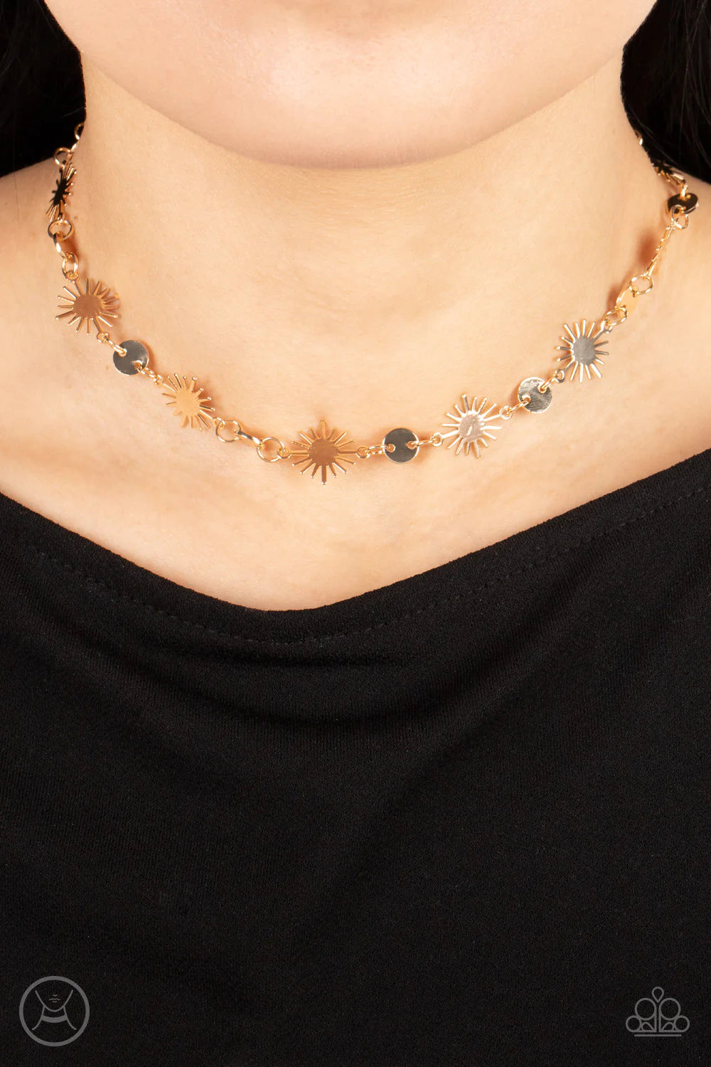 Paparazzi Accessories Astro Goddess - Gold Dainty gold discs delicately alternate with starry gold sunbursts, linking into a celestial centerpiece around the neck. Features an adjustable clasp closure. Sold as one individual choker necklace. Includes one