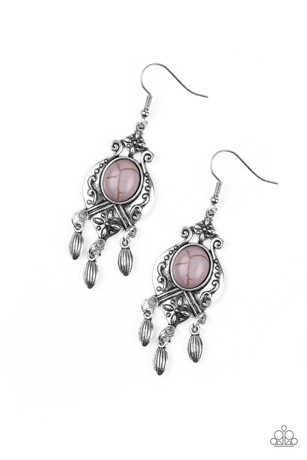 Paparazzi Accessories Enchantingly Environmentalist - Silver A neutral gray stone is pressed into a silver frame radiating with floral details. Dainty silver beads swing from the bottom of the frame, adding a wanderlust finish to the seasonal palette. Ear