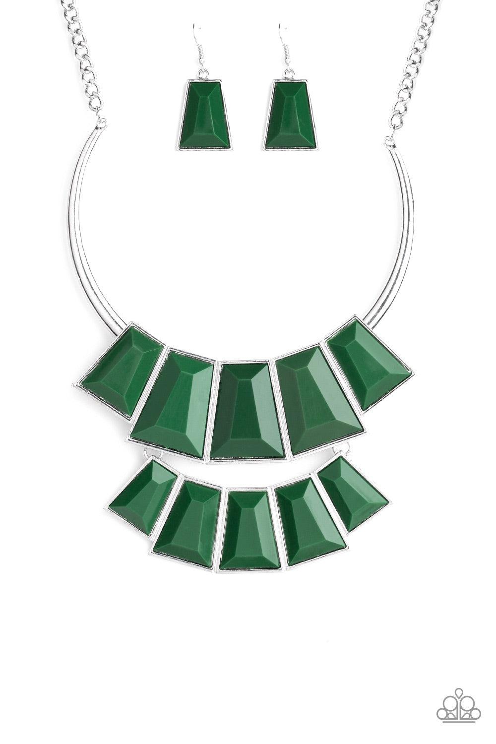 Paparazzi Accessories Lions, TIGRESS, and Bears - Green Tinted in the lush green hue of Eden, rows of faceted emerald-shaped beads link into colorful beaded plates. The uppermost frame slides along a bowing silver bar, adding playful movement to this fier