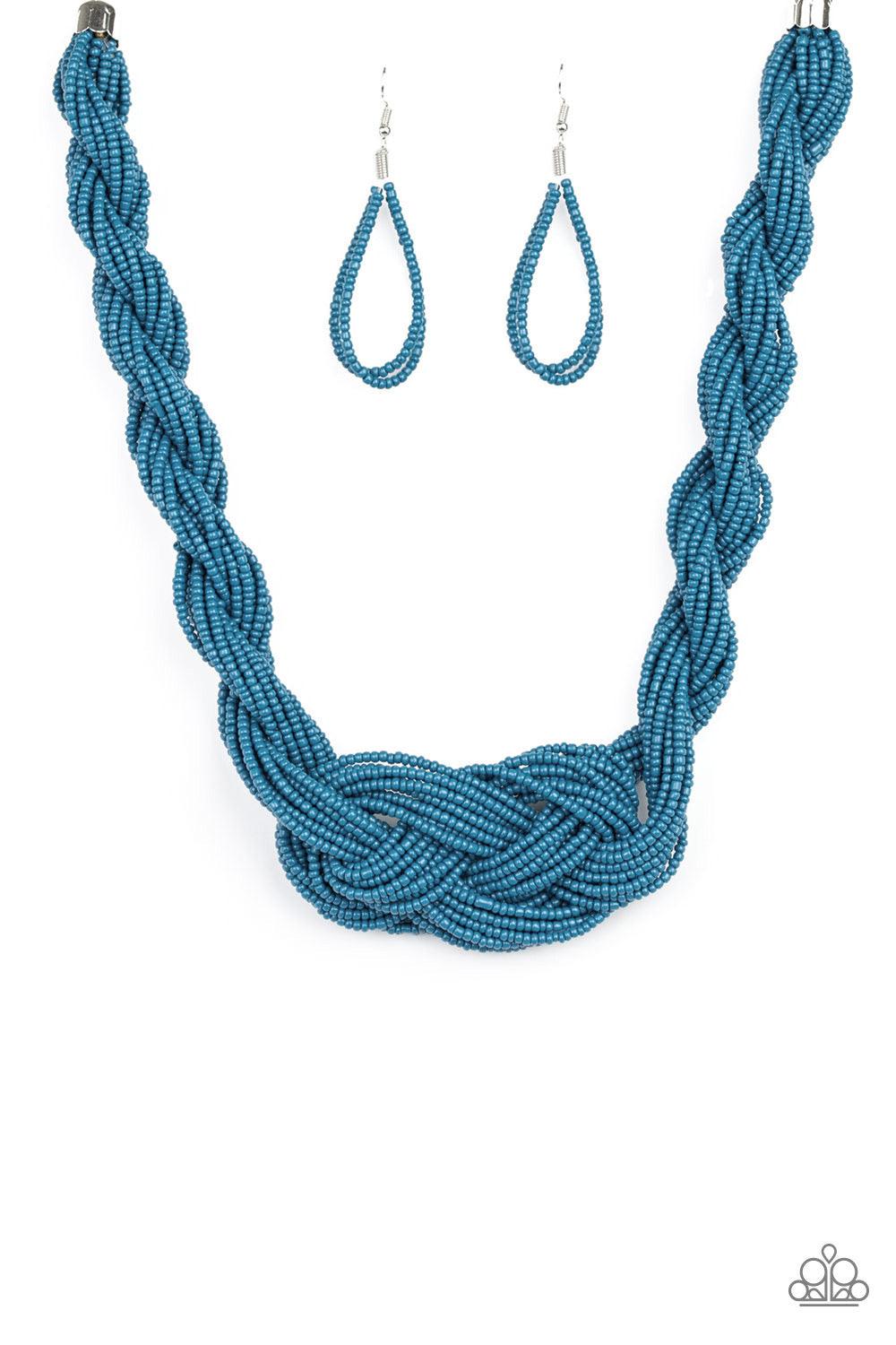 Paparazzi Accessories A Standing Ovation - Blue Countless strands of blue seed beads are twisted and knotted together to create an unforgettable statement piece. Features an adjustable clasp closure. Sold as one individual necklace. Includes one pair of m