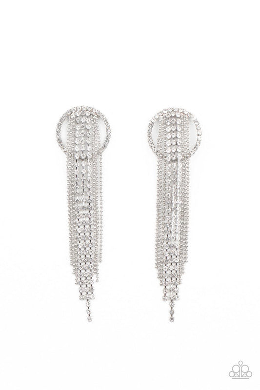 Paparazzi Accessories Dazzle By Default - White Dainty strands of glassy white rhinestones and shimmery silver ball-chain stream from the top of a bedazzled white rhinestone hoop, creating a dazzling fringe. Earring attaches to a standard post fitting. So