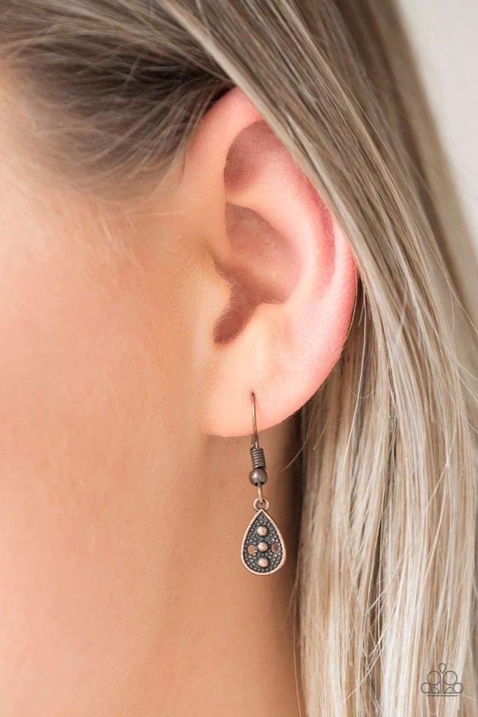 Paparazzi Accessories Galapagos Gypsy - Copper Glistening copper rods and ornate teardrops link below the collar in two rows, creating a playful fringe. Features an adjustable clasp closure. Sold as one individual necklace. Includes one pair of matching e