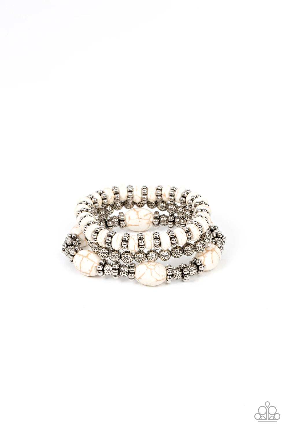 Paparazzi Accessories Take by SANDSTORM - White Infused with the refreshing allure of white beads, antiqued silver beads and studded accents are threaded along stretchy bands, creating a stack of artisan-inspired flair. Sold as one set of three bracelets.