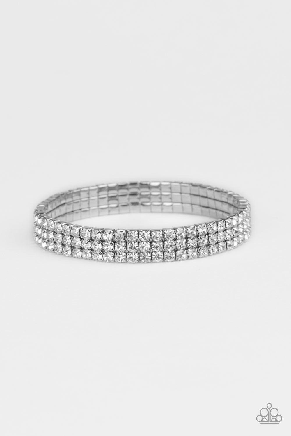 Paparazzi Accessories Stacked Deck - White Featuring sleek silver square fittings, interconnect strands of glittery white rhinestones are threaded along stretchy band around the wrist for a glitzy finish. Jewelry