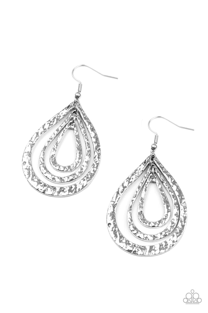 Paparazzi Accessories Plains Pathfinder - Silver Hammered in a rustic finish, three distressed silver teardrops delicately link into a gritty lure for a seasonal look. Earring attaches to a standard fishhook fitting. Sold as one pair of earrings. Jewelry