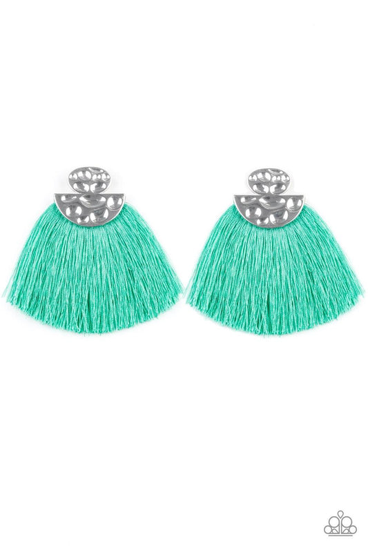 Paparazzi Accessories Make Some PLUME - Green Delicately hammered in glistening details, a shimmery silver oval and half moon frame coalesce into an edgy lure. A plume of soft green thread flares out from the bottom of the hammered frame, creating a vivac