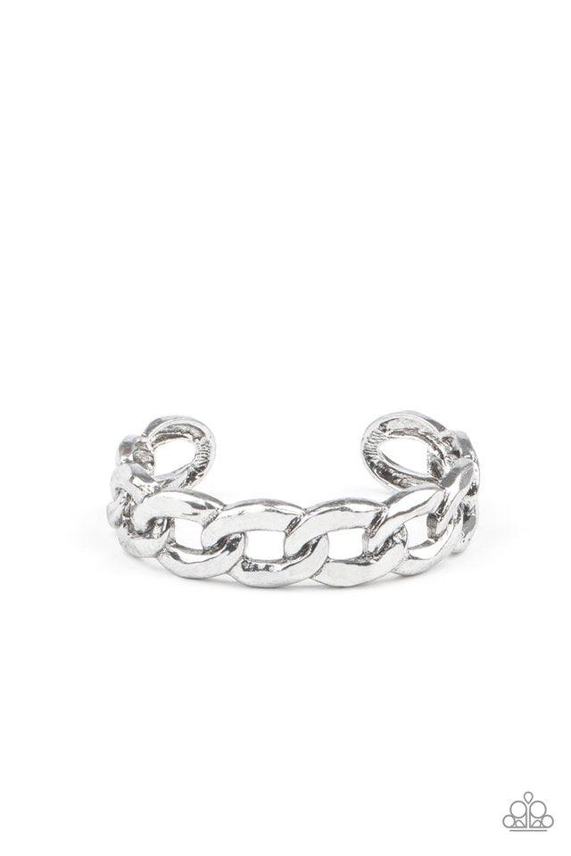Paparazzi Accessories Living Off The GRIT - Silver Brushed in an antiqued shimmer, oversized silver chain links boldly connect into a gritty cuff around the wrist. Sold as one individual bracelet Jewelry