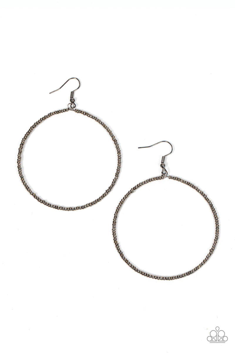 Paparazzi Accessories Basically Beaded - Black Dainty gunmetal seed beads are delicately threaded along a gunmetal wire hoop, creating a causal pop of metallic shimmer. Earring attaches to a standard fishhook fitting. Sold as one pair of earrings. Jewelry