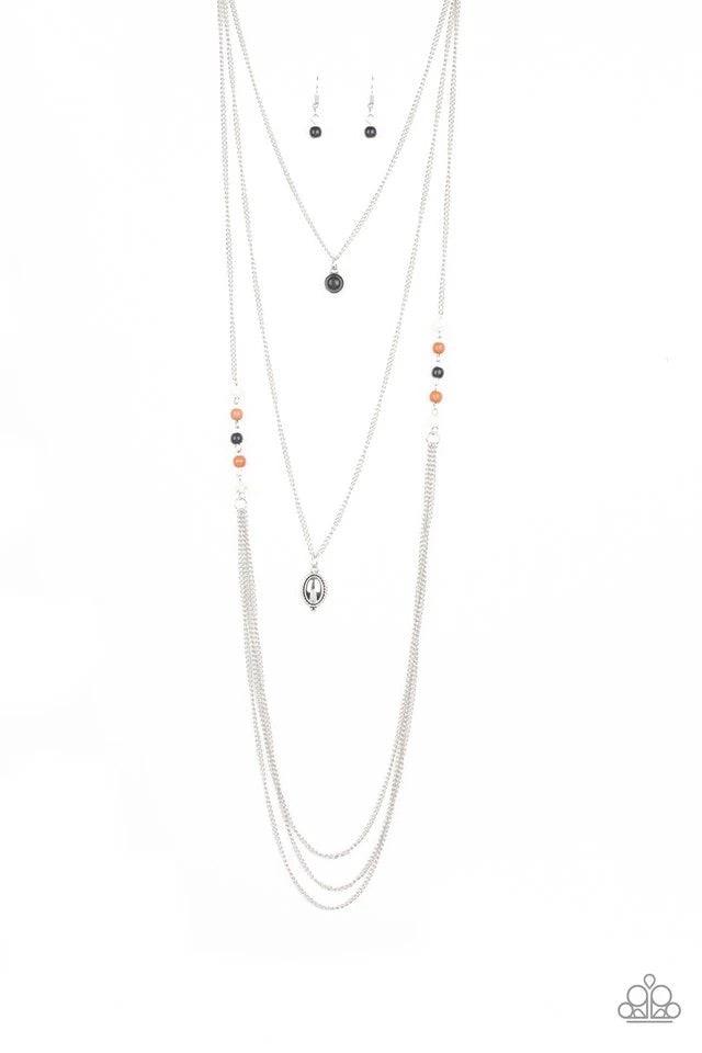 Paparazzi Accessories The Pony Express - Multi Multicolored stone beads give way to layers of shimmery silver chain down the chest. A black stone pendant and shiny silver frame drape above the cascade of silver chains for a seasonal flair. Features an adj