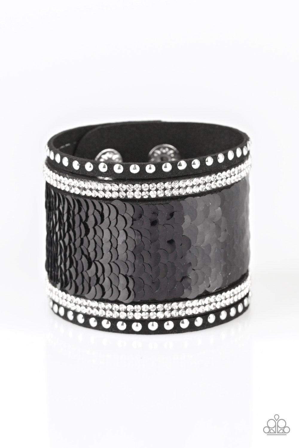 Paparazzi Accessories Mermaids Have More Fun - Black Shiny silver studs, glassy white rhinestones, and shimmering sequins are sprinkled across a thick black suede band that has been spliced into five glittery rows. Bracelet features reversible sequins tha