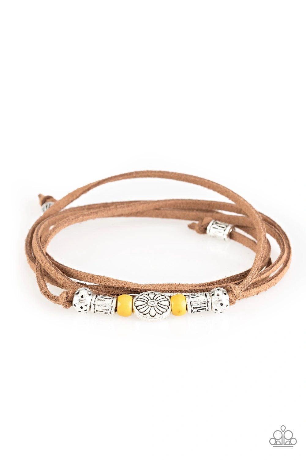 Paparazzi Accessories Clear A Path - Yellow An array of yellow and silver beads are knotted in place along elongated suede cording for a wanderlust fashion. To secure bracelet, tie ends in place around the wrist at desired length. Jewelry