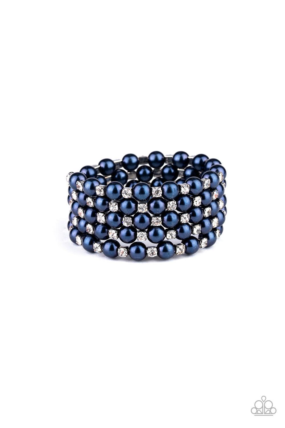 Paparazzi Accessories Rich Royal - Blue Bubbly blue pearls and classic white rhinestone encrusted silver frames are threaded along a coiled wire, creating a timeless infinity wrap style bracelet. Sold as one individual bracelet. Jewelry