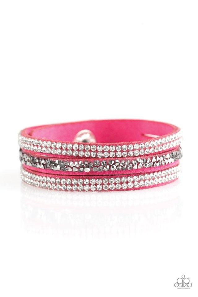 Paparazzi Accessories Mega Glam - Pink Glittery white, smoky, and glassy hematite rhinestones are sprinkled along three strands of vivacious pink suede for a glamorous look. Features an adjustable snap closure. Jewelry
