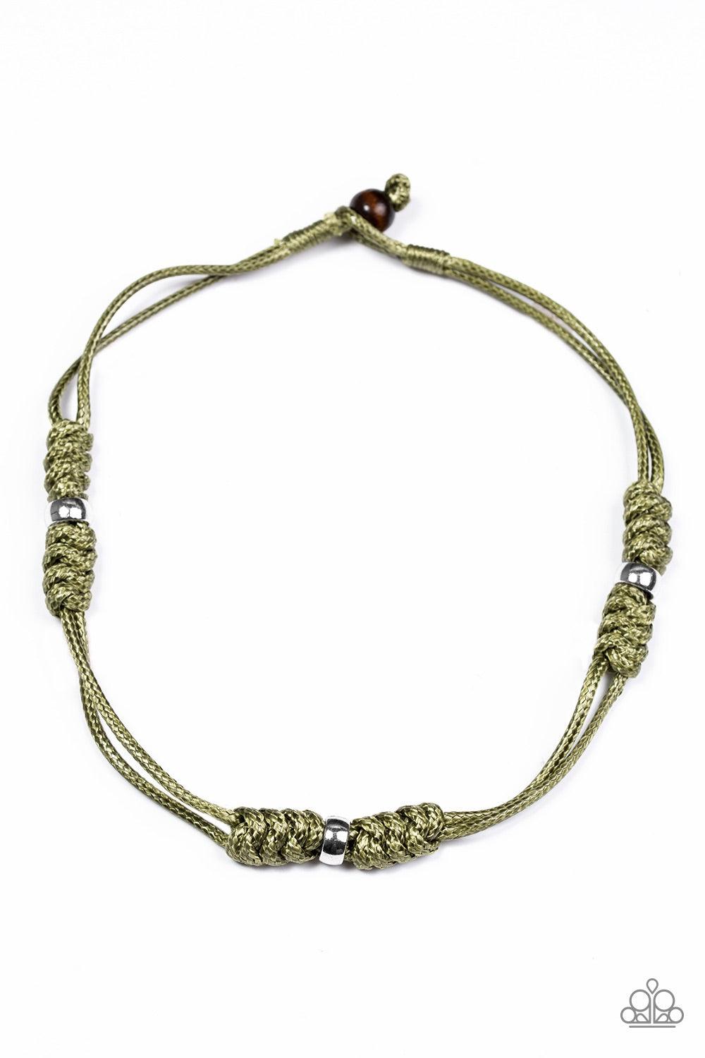 Paparazzi Accessories Great Basin - Green Shiny green cording knots around shimmery silver accents, creating a rugged look below the collar. Features a button loop closure. Jewelry
