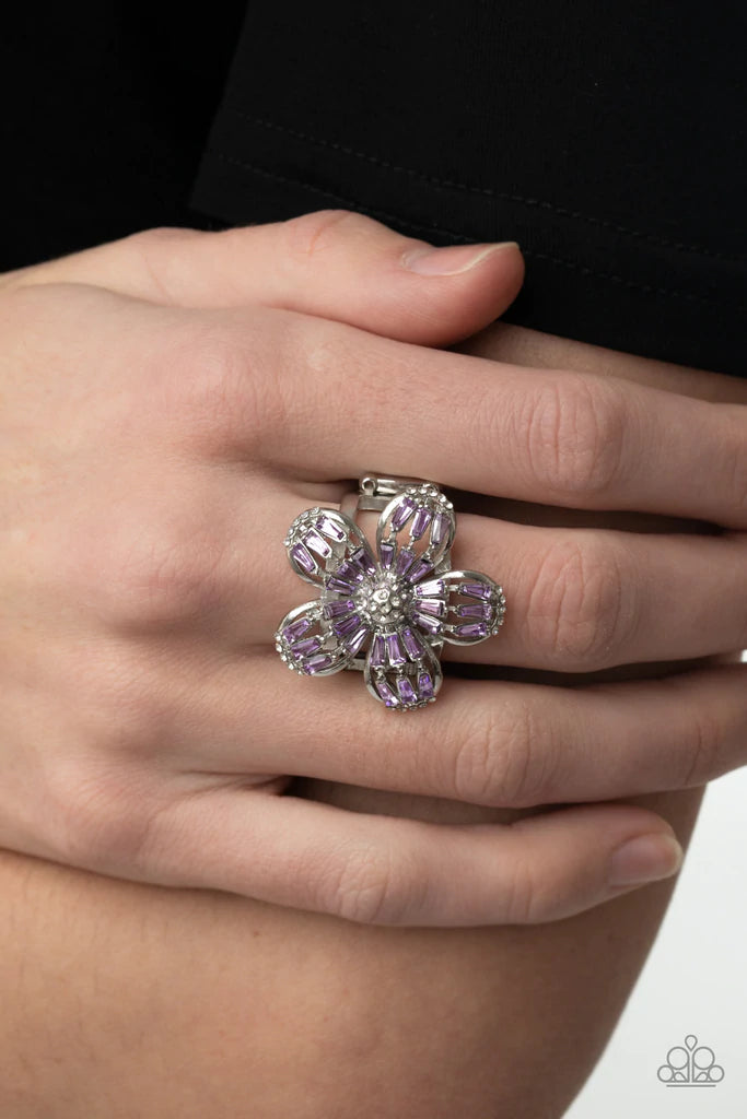 Paparazzi Accessories Botanical Ballroom - Purple Purple and white rhinestones are wrapped around a silver floral frame for a fun, seasonal fashion. Features a stretchy band for a flexible fit. Jewelry