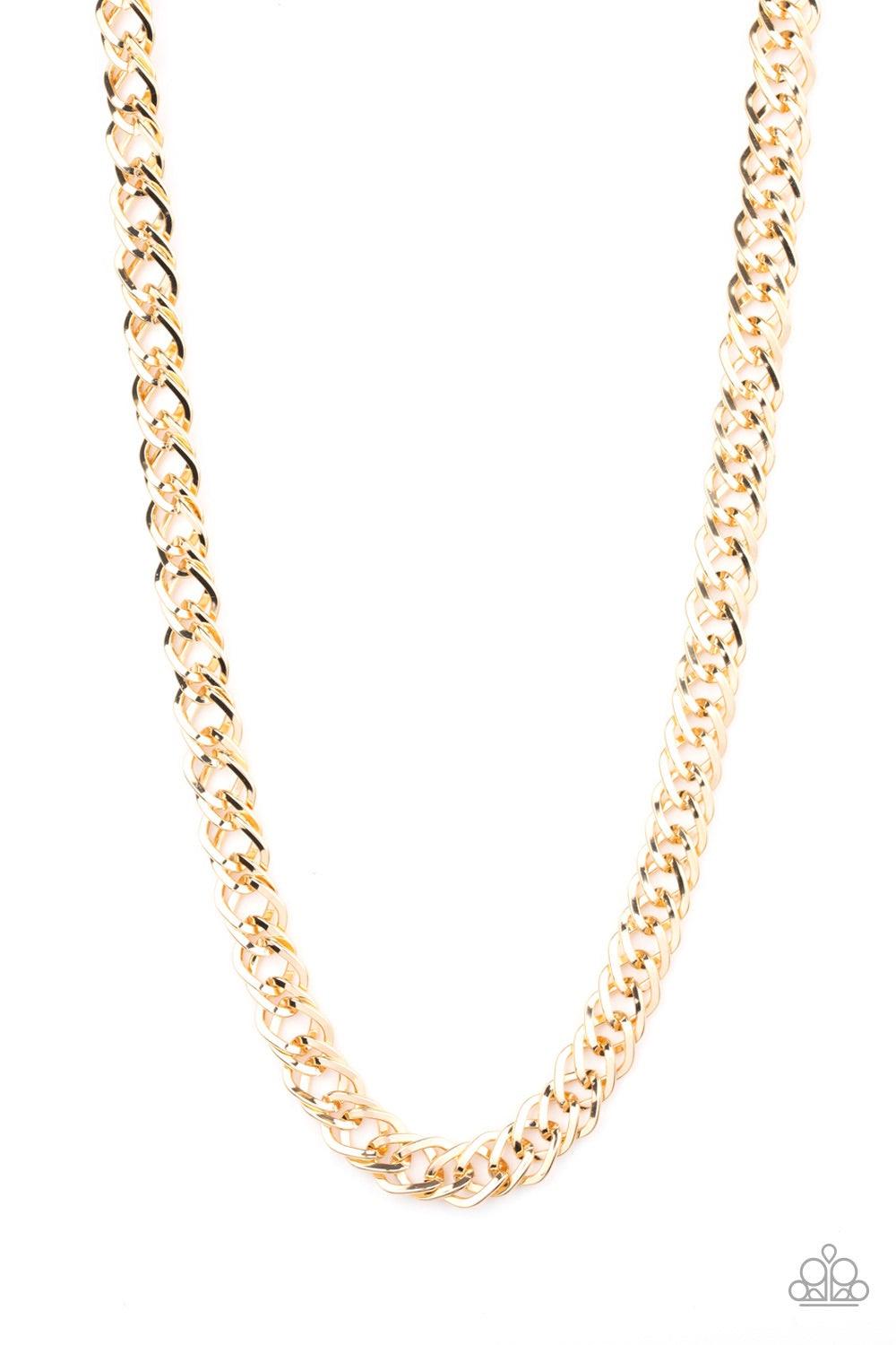 Paparazzi Accessories Undefeated - Gold Featuring doubled links, a glistening gold chain drapes across the chest for a bold look. Features an adjustable clasp closure. Jewelry