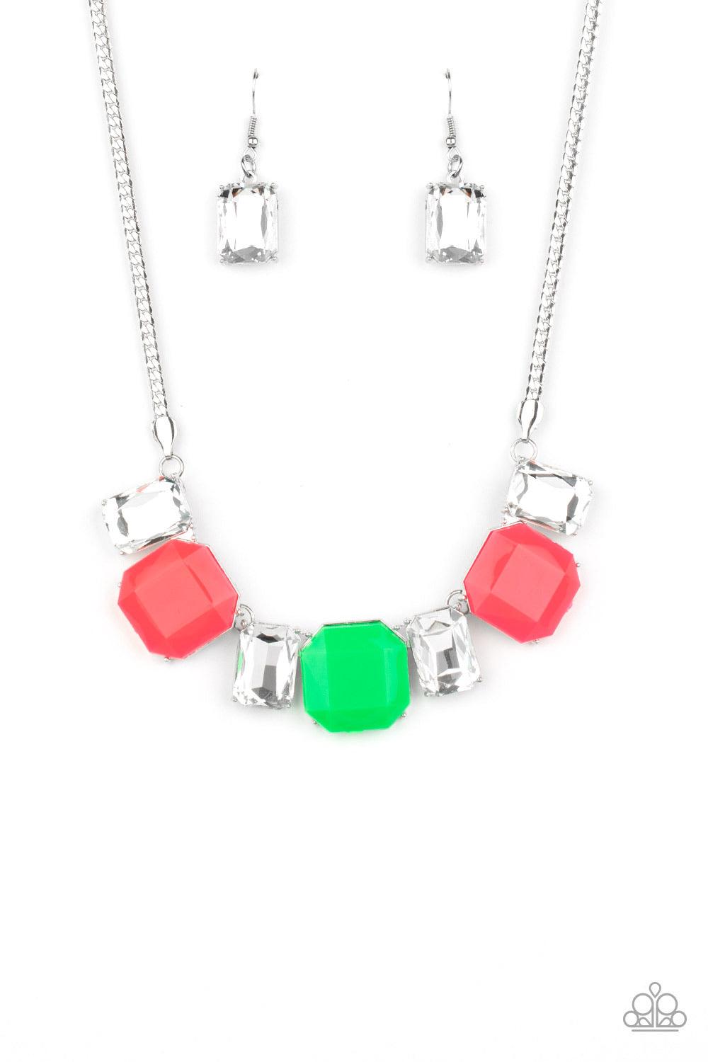 Paparazzi Accessories Royal Crest - Pink Neon pink and green beads connect with exaggerated emerald style white rhinestones, creating vivacious sparkle below the collar. Features an adjustable clasp closure. Sold as one individual necklace. Includes one p