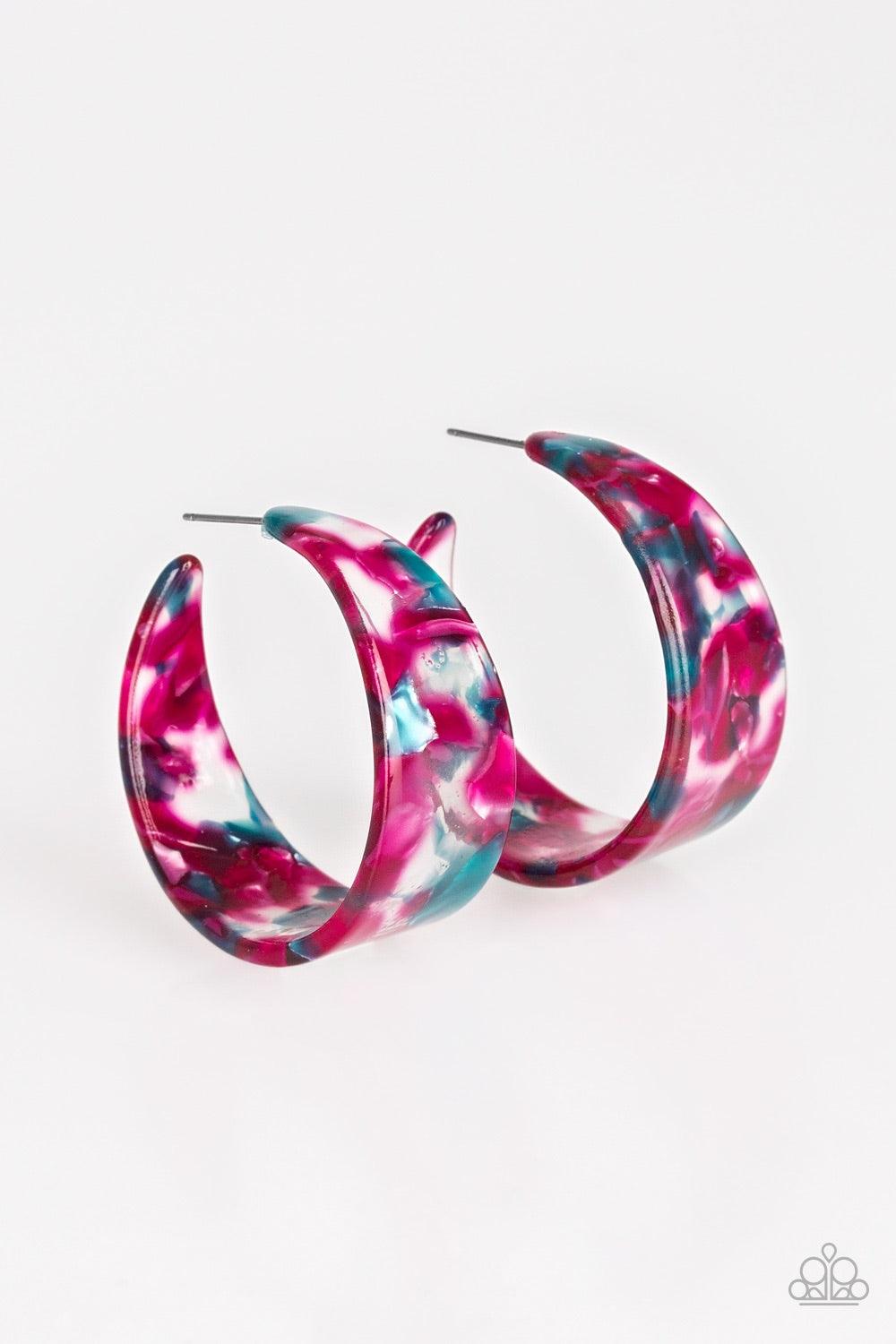 Paparazzi Accessories Havana Heat Wave - Multi Brushed in a colorful faux marble finish, a flat multicolored hoop curls around the ear for a retro look. Earring attaches to a standard post fitting. Hoop measures 1 1/2" in diameter. Jewelry