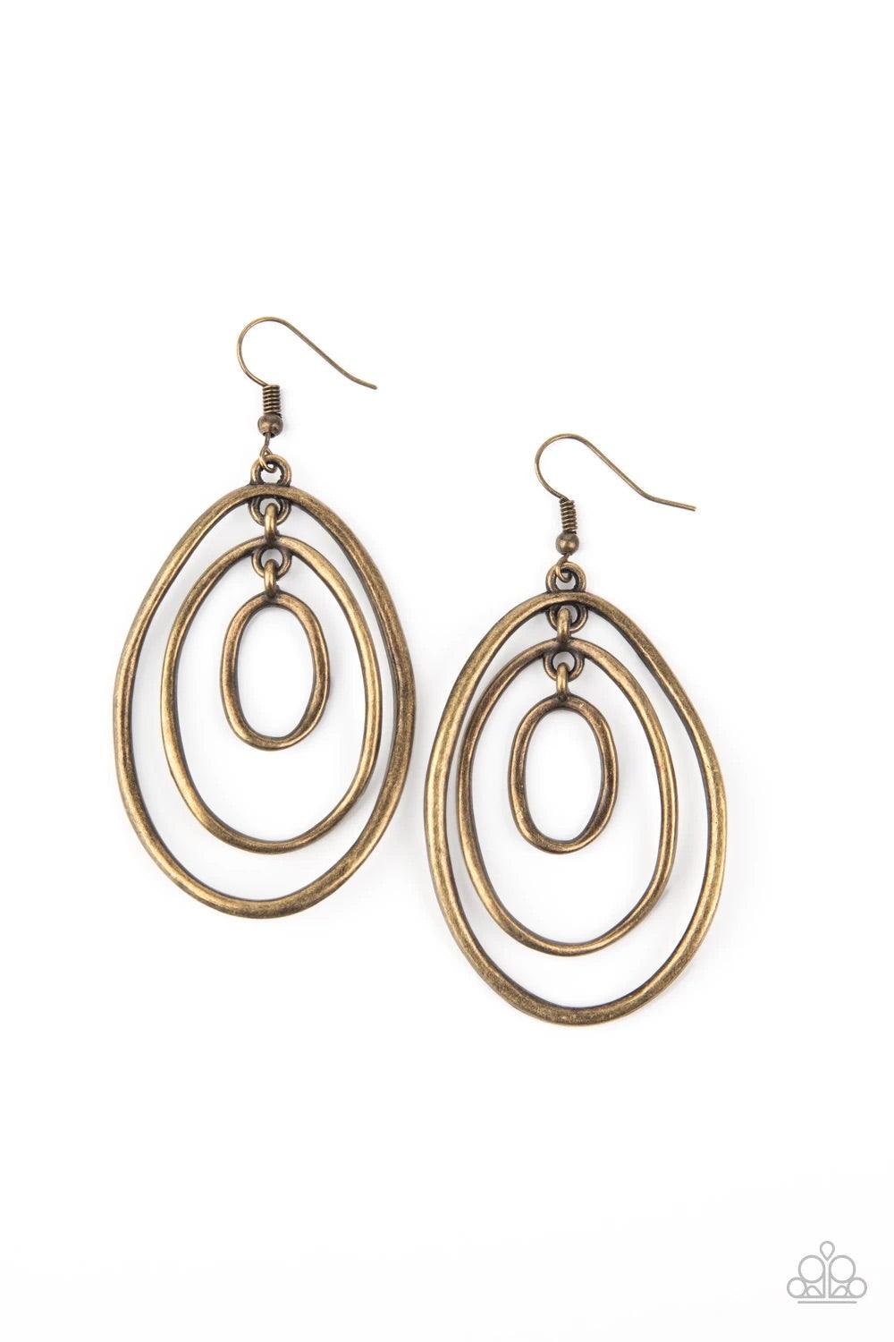 Paparazzi Accessories Retro Ruins - Brass A trio of imperfect brass ovals link into a rippling lure for a dizzying look. Earring attaches to a standard fishhook fitting. Sold as one pair of earrings. Jewelry