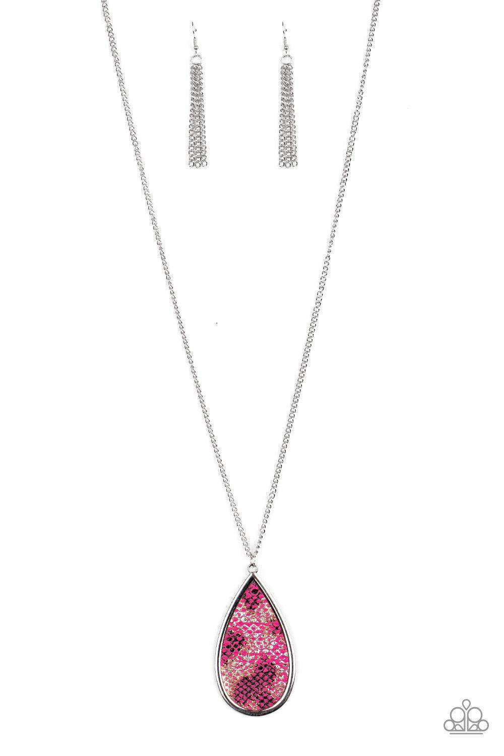 Paparazzi Accessories Artificial Animal - Pink Featuring a metallic scale print, a piece of pink leather embellishes the center of an oversized silver teardrop at the bottom of a lengthened silver chain for a wild look. Features an adjustable clasp closur