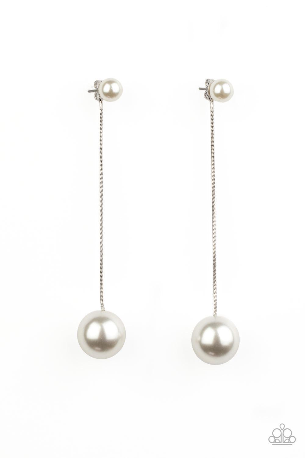 Paparazzi Accessories Extended Elegance - White Attached to a sleek silver chain, an oversized white pearl delicately swings from the bottom of a classic white pearl, adding a timeless twist to the elegant display. Earring attaches to a standard post fitt